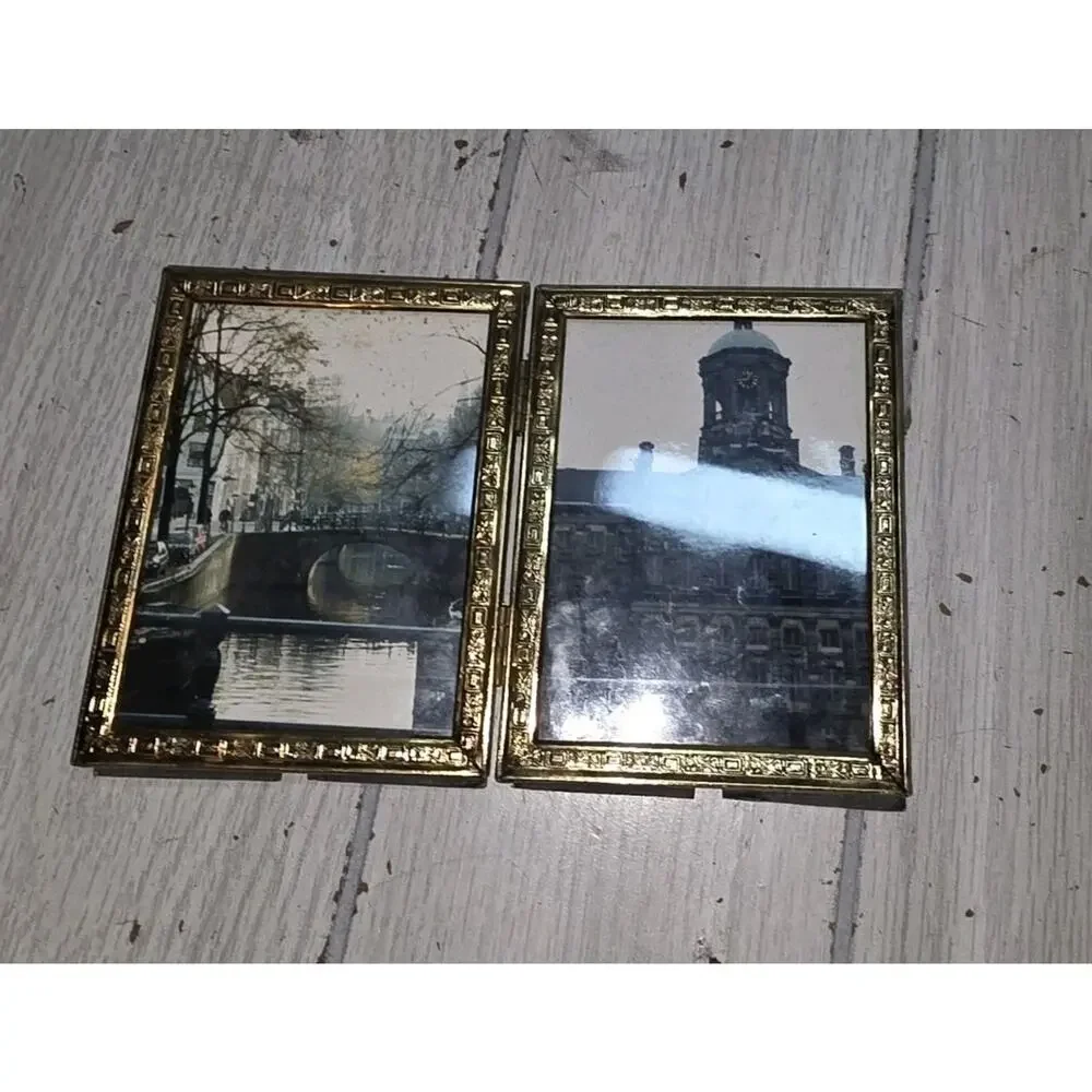 Vtg. MCM Bifold Metal Double Picture Frame Gold 3x4 Photos Egyptian Etched